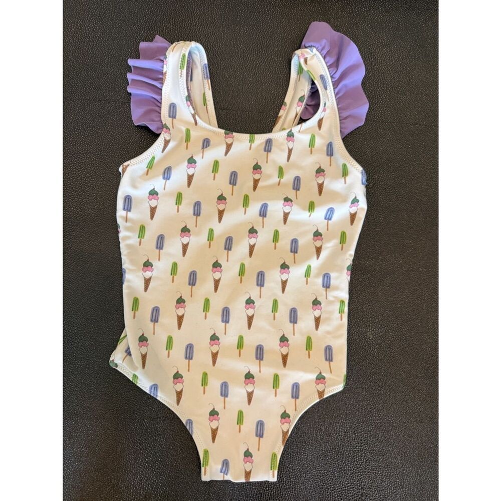 Giggle Ice Cream Pattern Kids Swimsuit with Lilac Ruffles size 4T